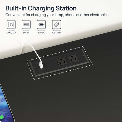 Built-in charging station with power outlets and cable on a desk surface.
