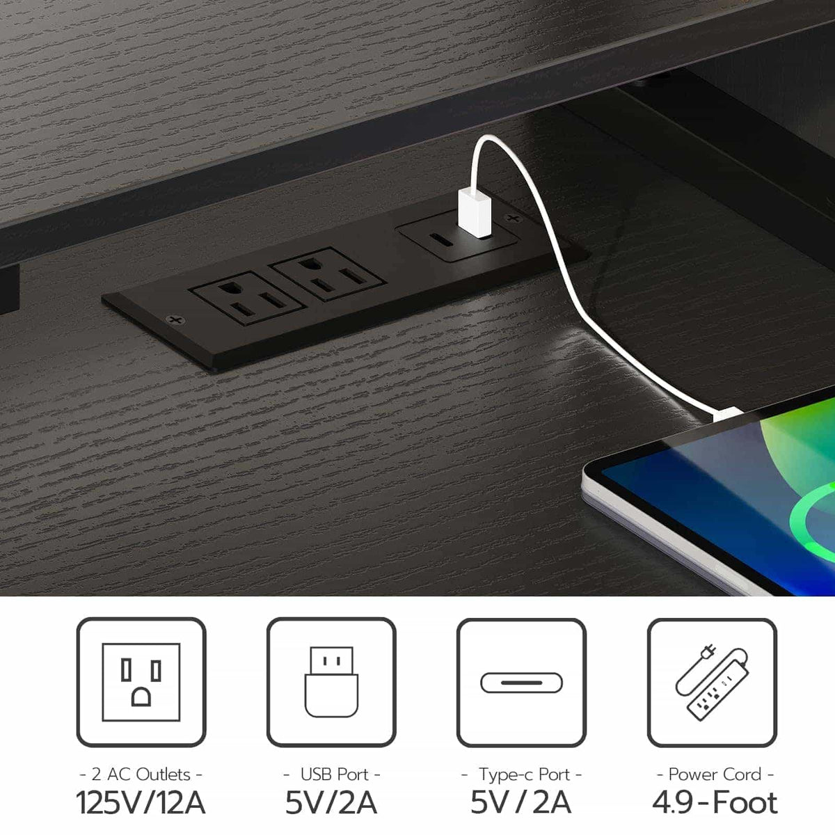 Detailed technical close-up view of the sunken desktop power strip featuring dual AC outlets and standard USB connections.