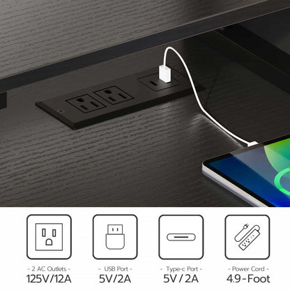 Detailed technical close-up view of the sunken desktop power strip featuring dual AC outlets and standard USB connections.