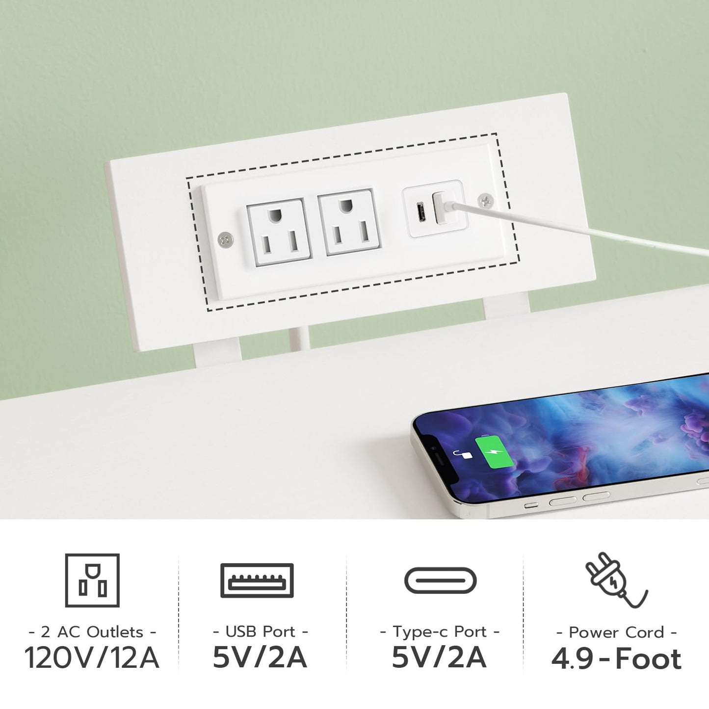 White electrical outlet with multiple ports and a smartphone charging cable, on a light green background.