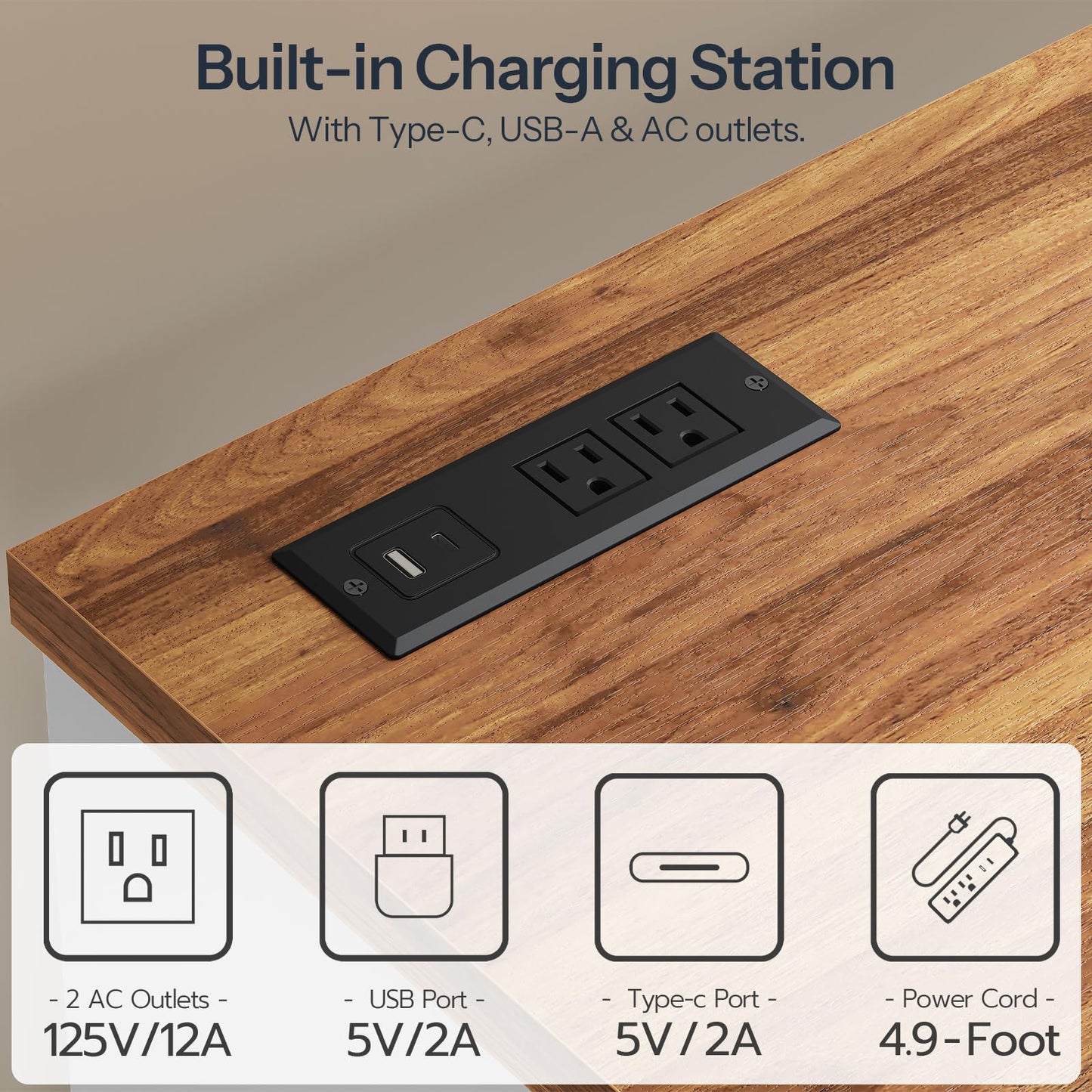 Close up of the embedded tabletop charging station showing AC outlets, USB, and fast charging Type-C ports.