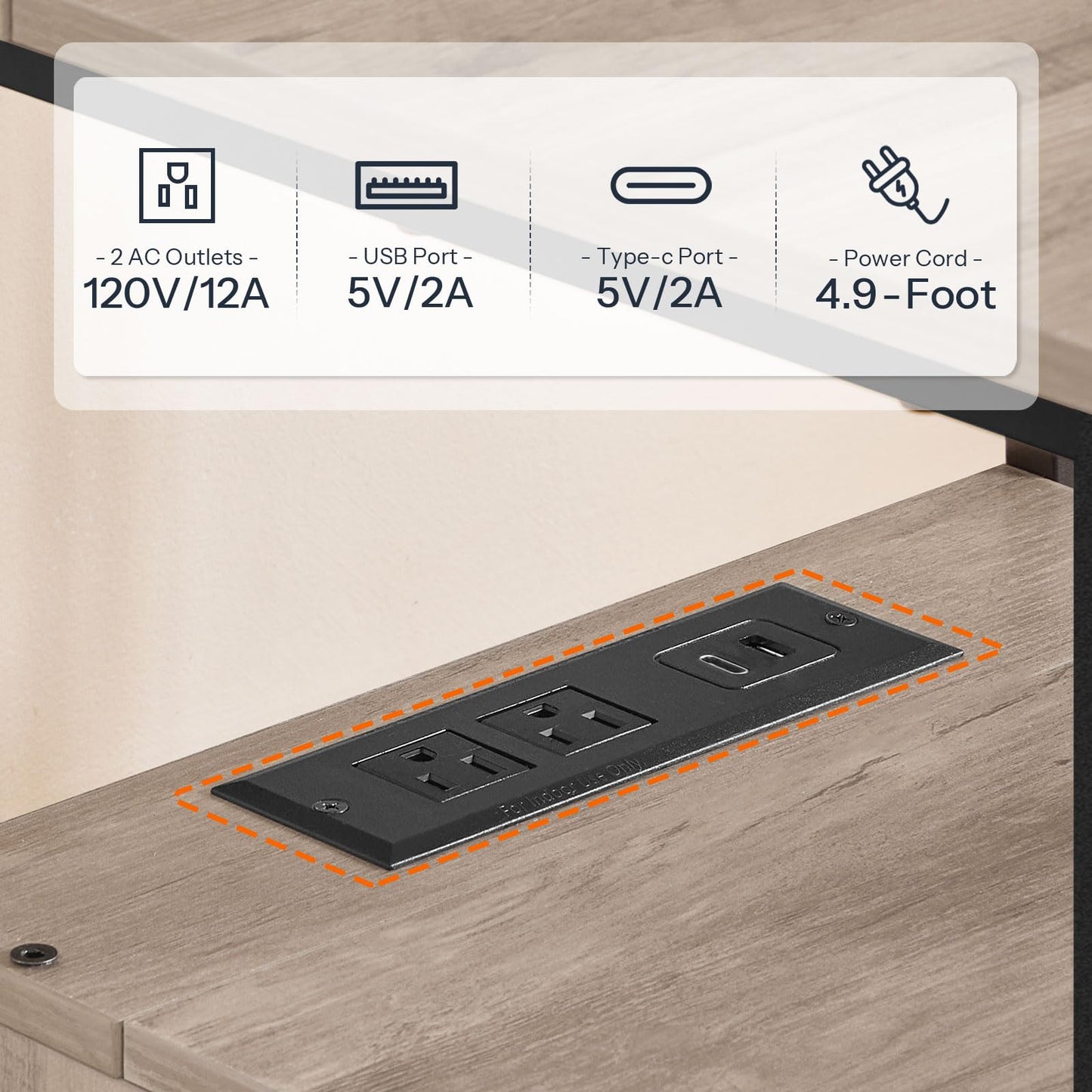 Built-in charging station with USB ports and AC outlets parameters on greige wood shelf