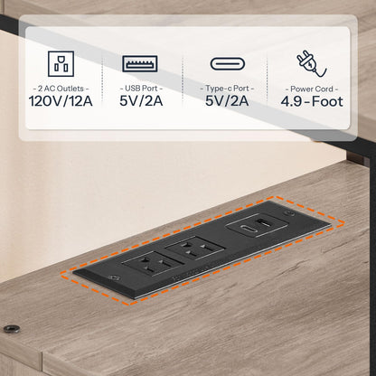 Built-in charging station with USB ports and AC outlets parameters on greige wood shelf