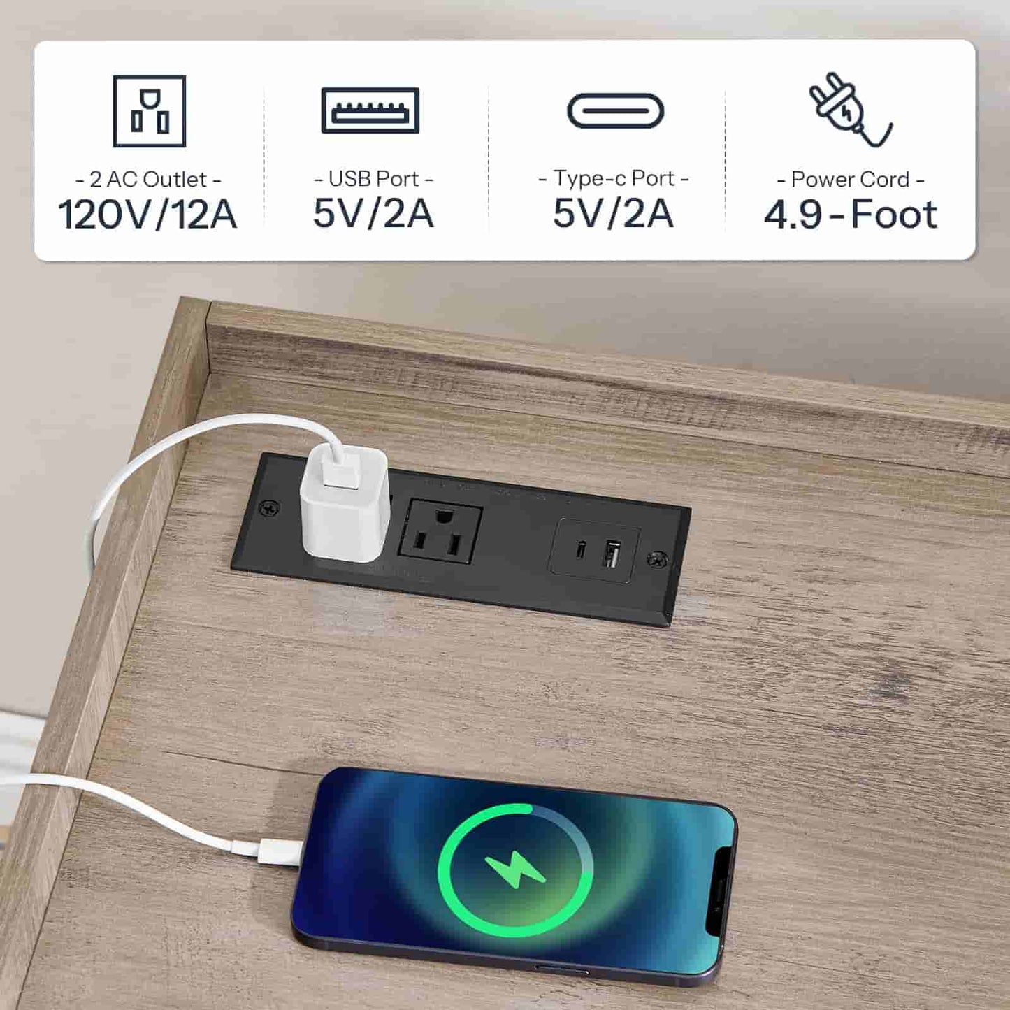 Close-up of the integrated desktop power strip with standard AC outlets and fast-charging USB ports.