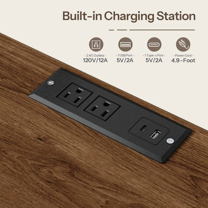 Close-up of the embedded black power strip on the rustic brown top wood panel, showing standard AC outlets and fast-charging USB ports.