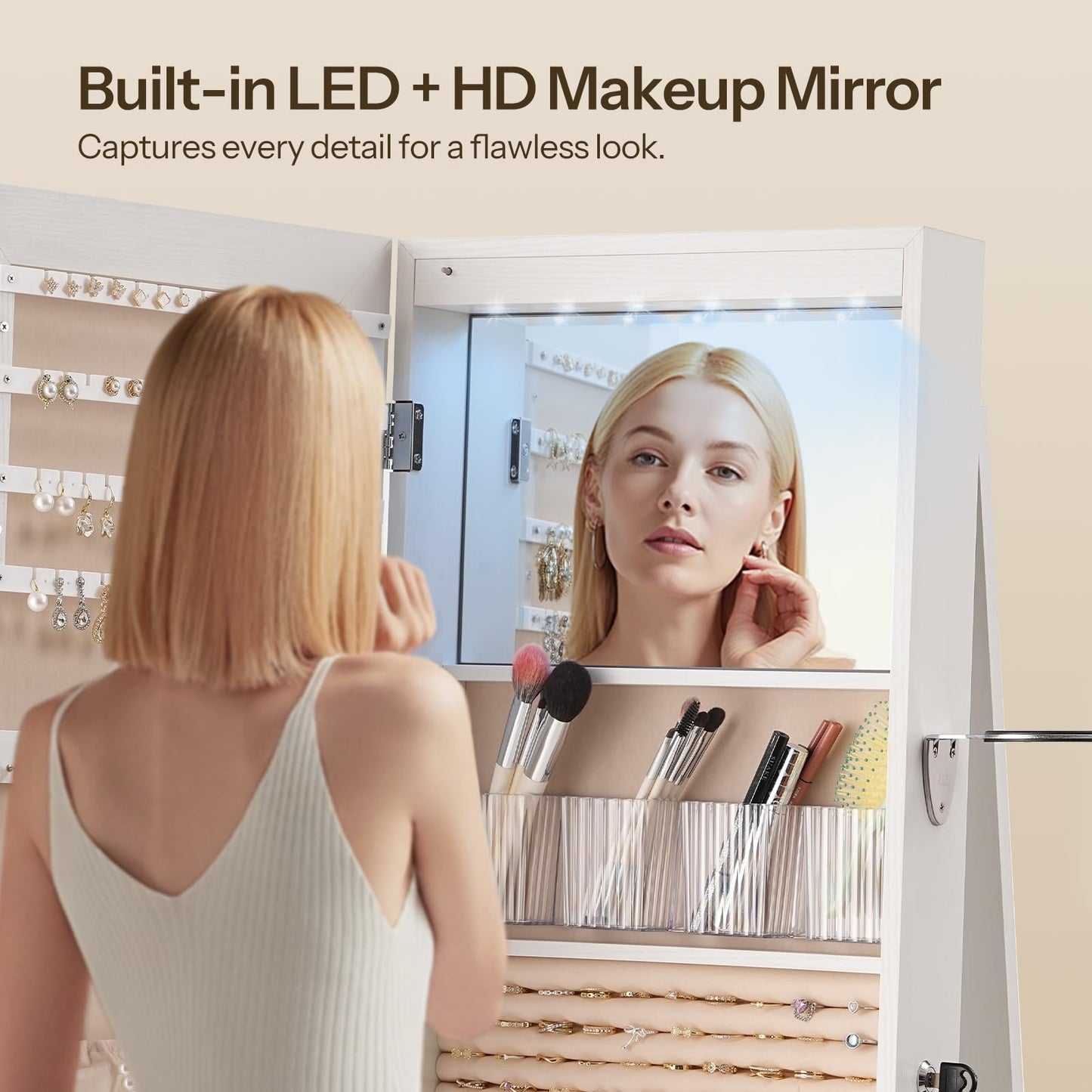Woman using a makeup mirror with built-in LED and HD camera for precise application.