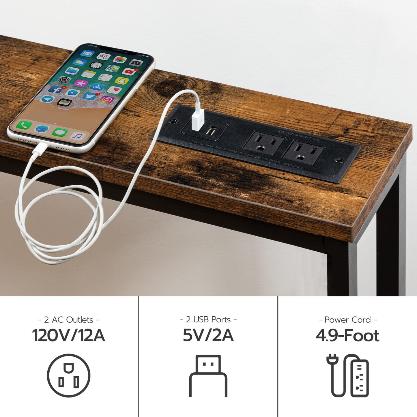 Built-in USB ports and AC outlets charging station close-up with a smartphone