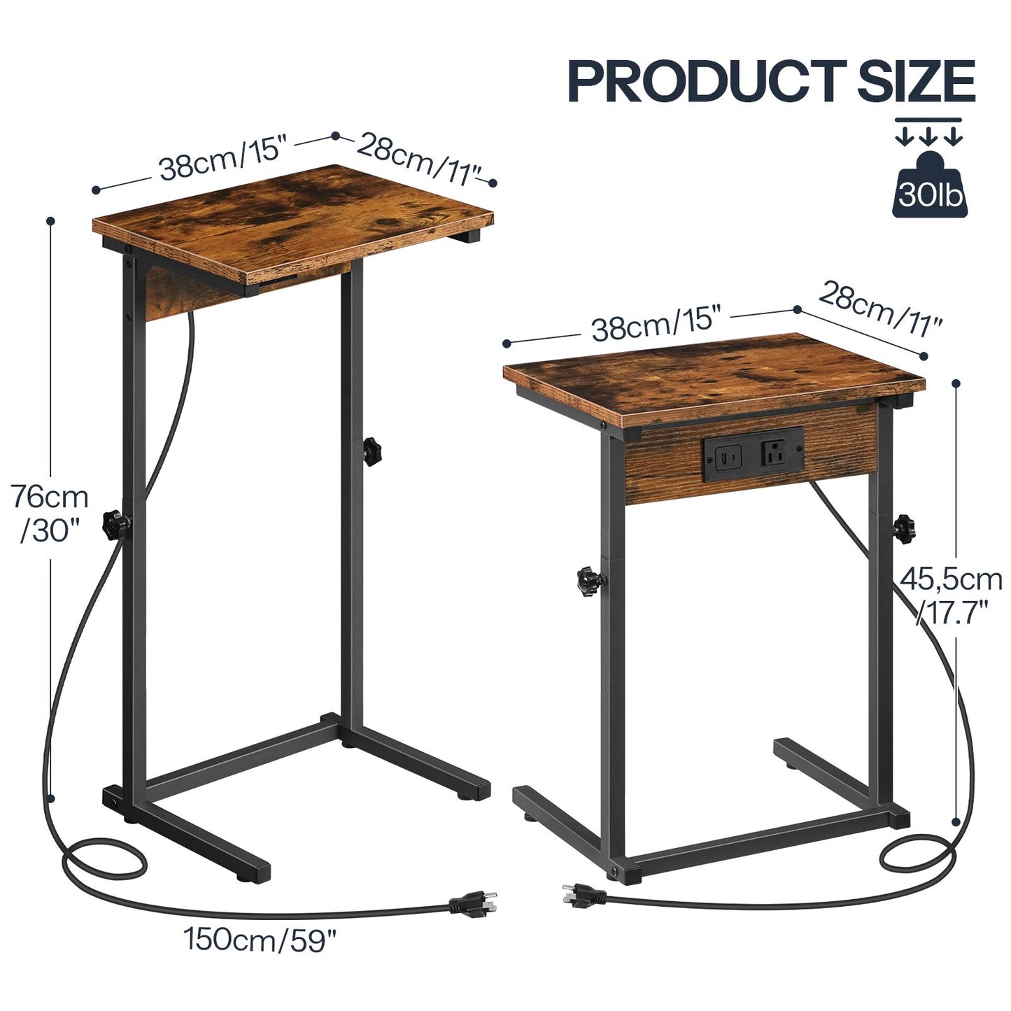 Size dimensions chart showing the maximum and minimum height options for the adjustable C-shaped end table.