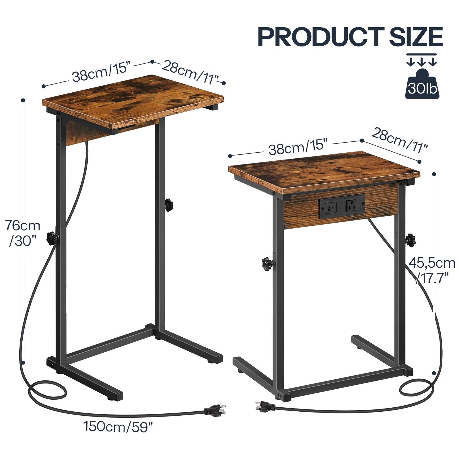 Size dimensions chart showing the maximum and minimum height options for the adjustable C-shaped end table.