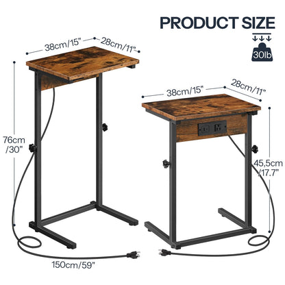 Size dimensions chart showing the maximum and minimum height options for the adjustable C-shaped end table.