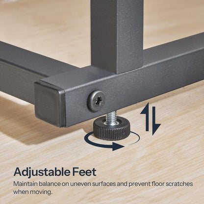 Close-up shot of the lower metal base frame highlighting the adjustable leveling feet to protect floors.