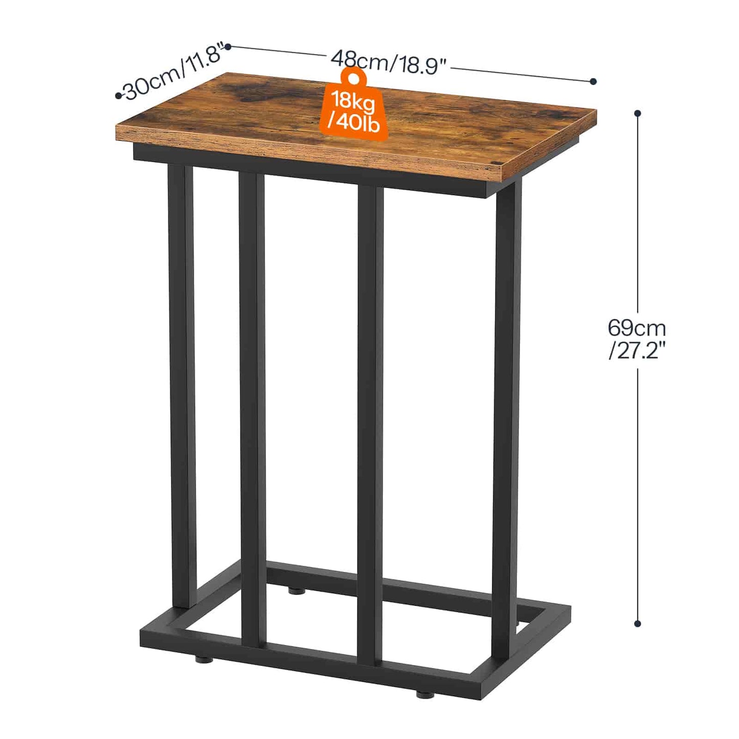 Wooden table with black metal legs and dimensions displayed on a white background