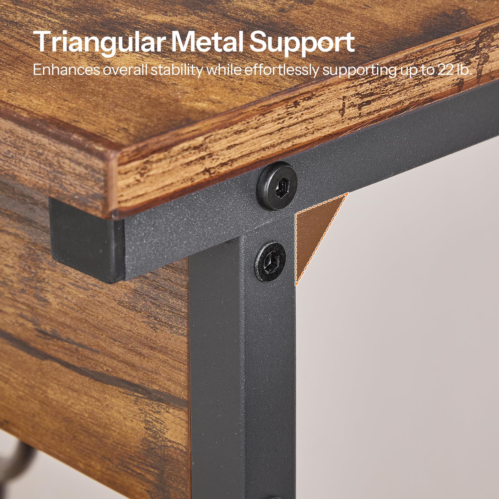 Close-up view highlighting the sturdy triangular metal support brackets under the rustic wood tabletop.