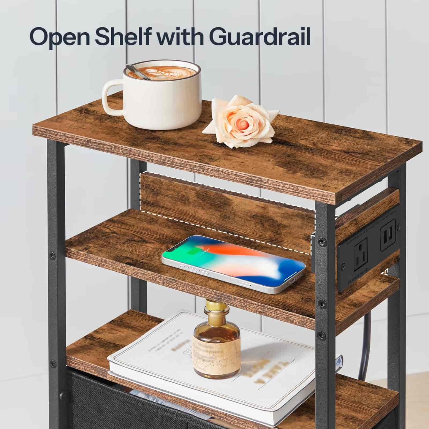 Wooden open shelf with guardrail featuring a cup of coffee, phone, and other items on a light gray background.