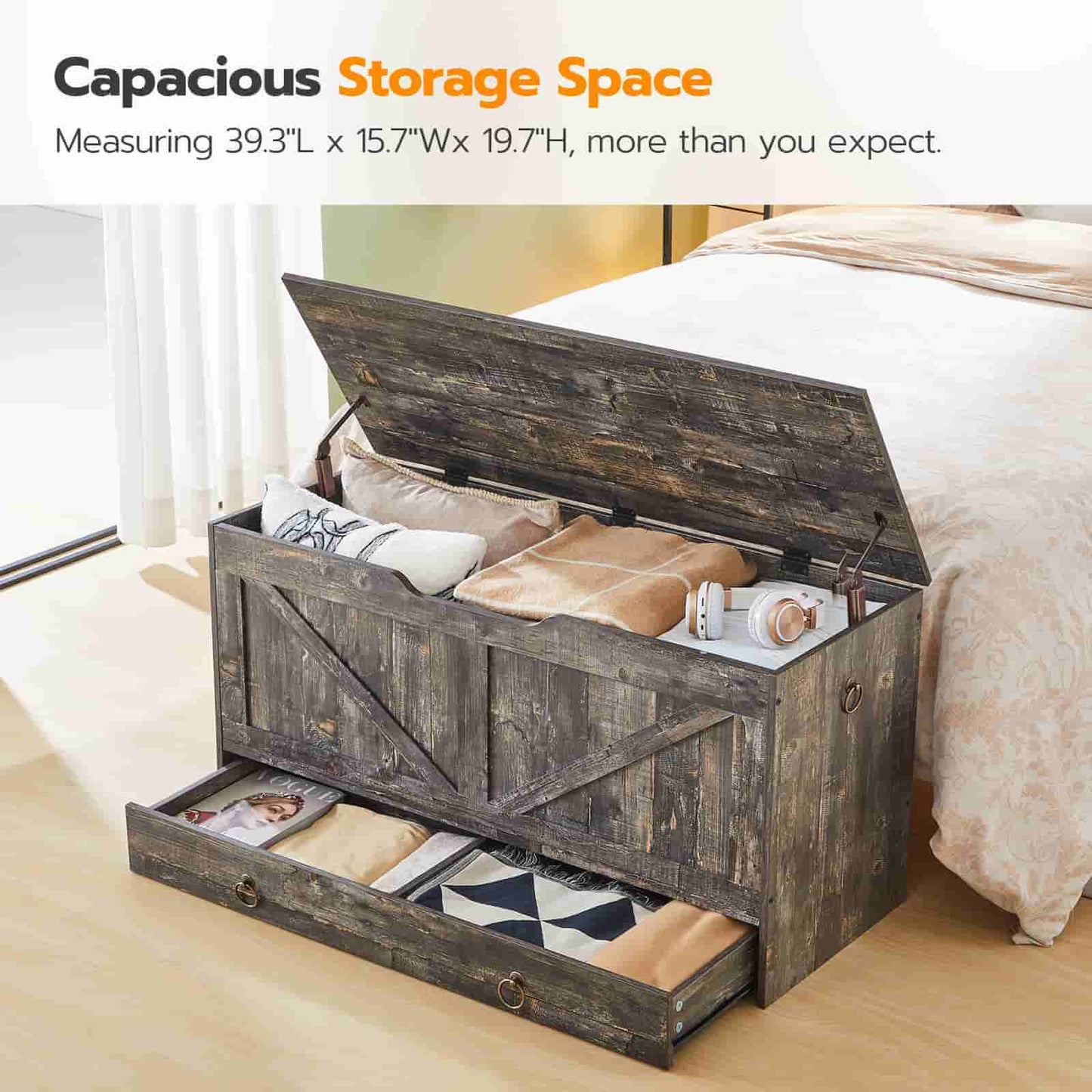 Infographic highlighting the capacious storage space of the trunk holding pillows, clothes, and bedding.