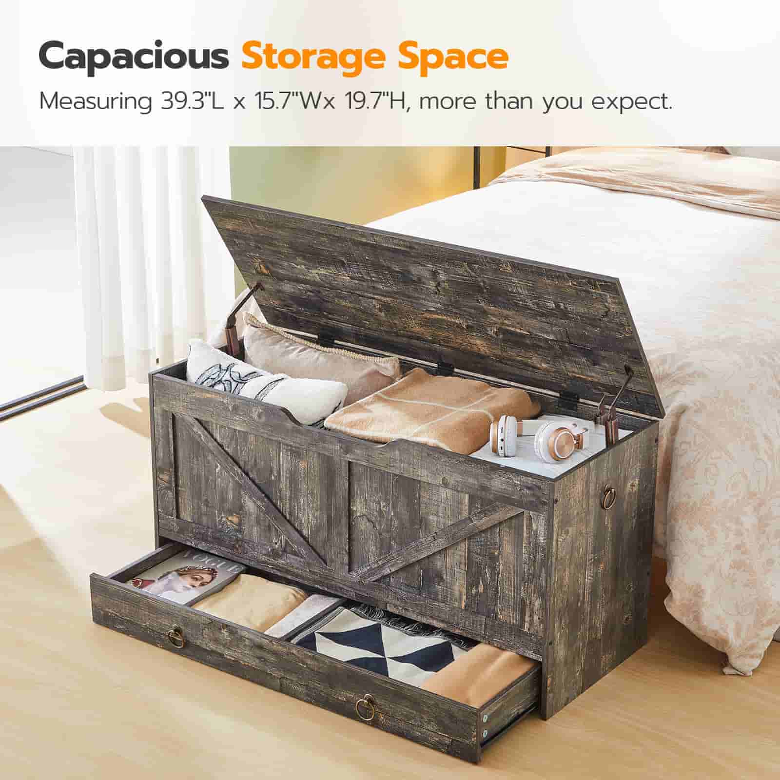 Infographic highlighting the capacious storage space of the trunk holding pillows, clothes, and bedding.