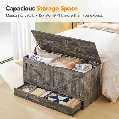 Infographic highlighting the capacious storage space of the trunk holding pillows, clothes, and bedding.