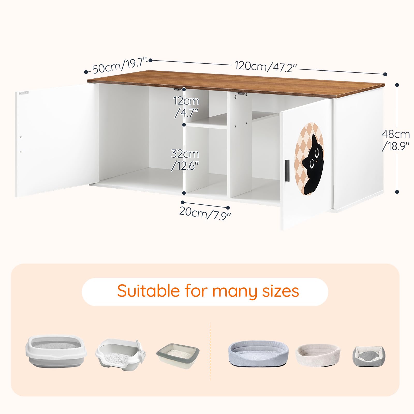 Detailed dimensions and internal compartment size specifications chart of HOOBRO cat litter box cabinet.