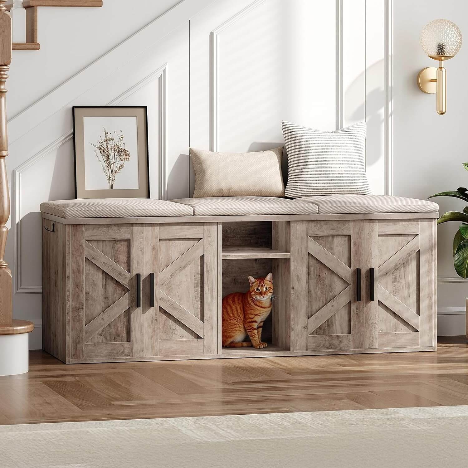 Wooden storage bench with cushioned seat and cat inside, in a home setting.