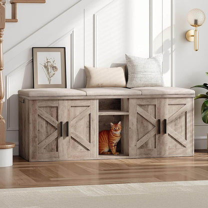 Wooden storage bench with cushioned seat and cat inside, in a home setting.