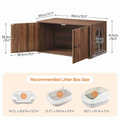  Dimension chart of the cat litter box enclosure showing 80cm length and recommended size list for interior litter pans.