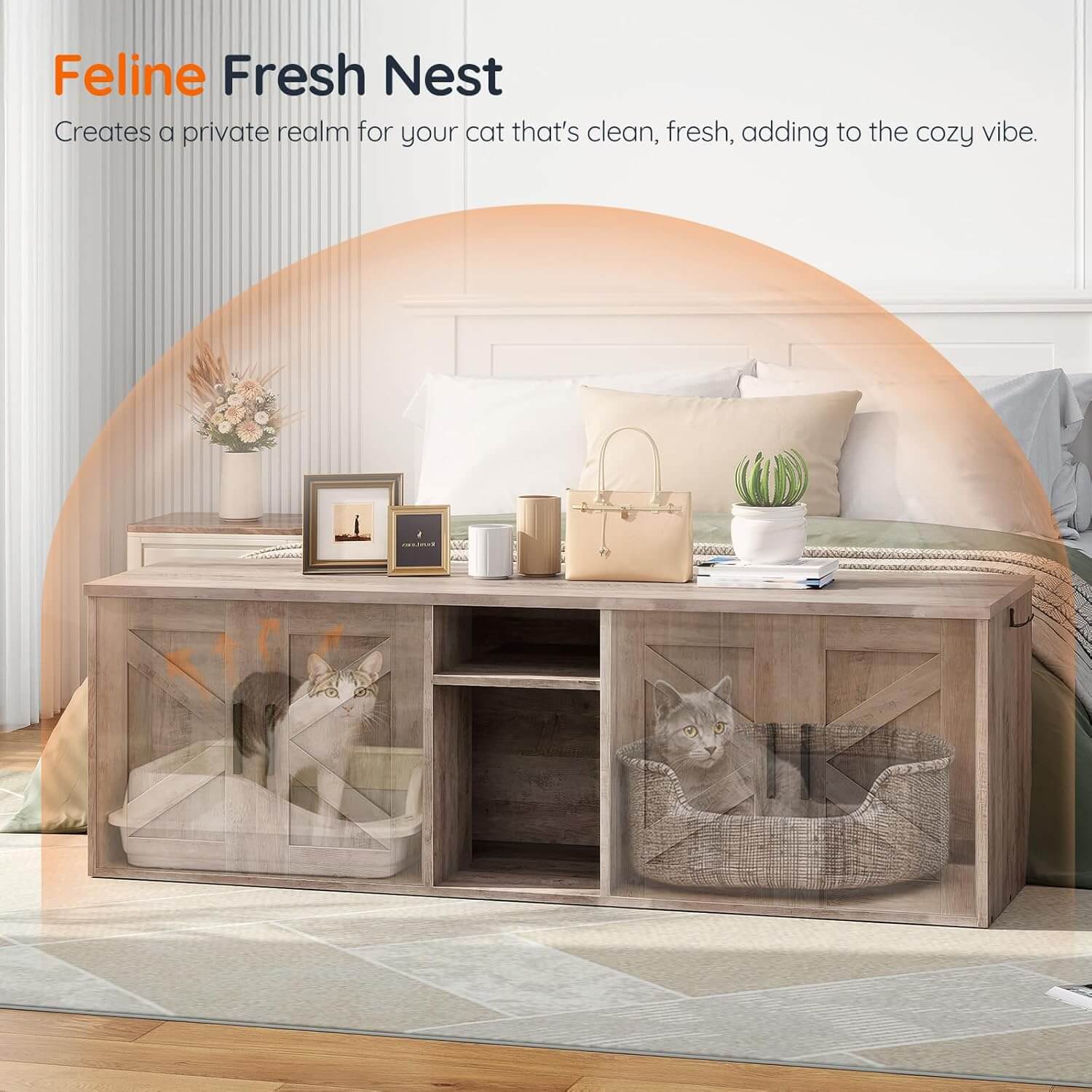 Feline Fresh Nest product with a cat inside, placed on a wooden cabinet.