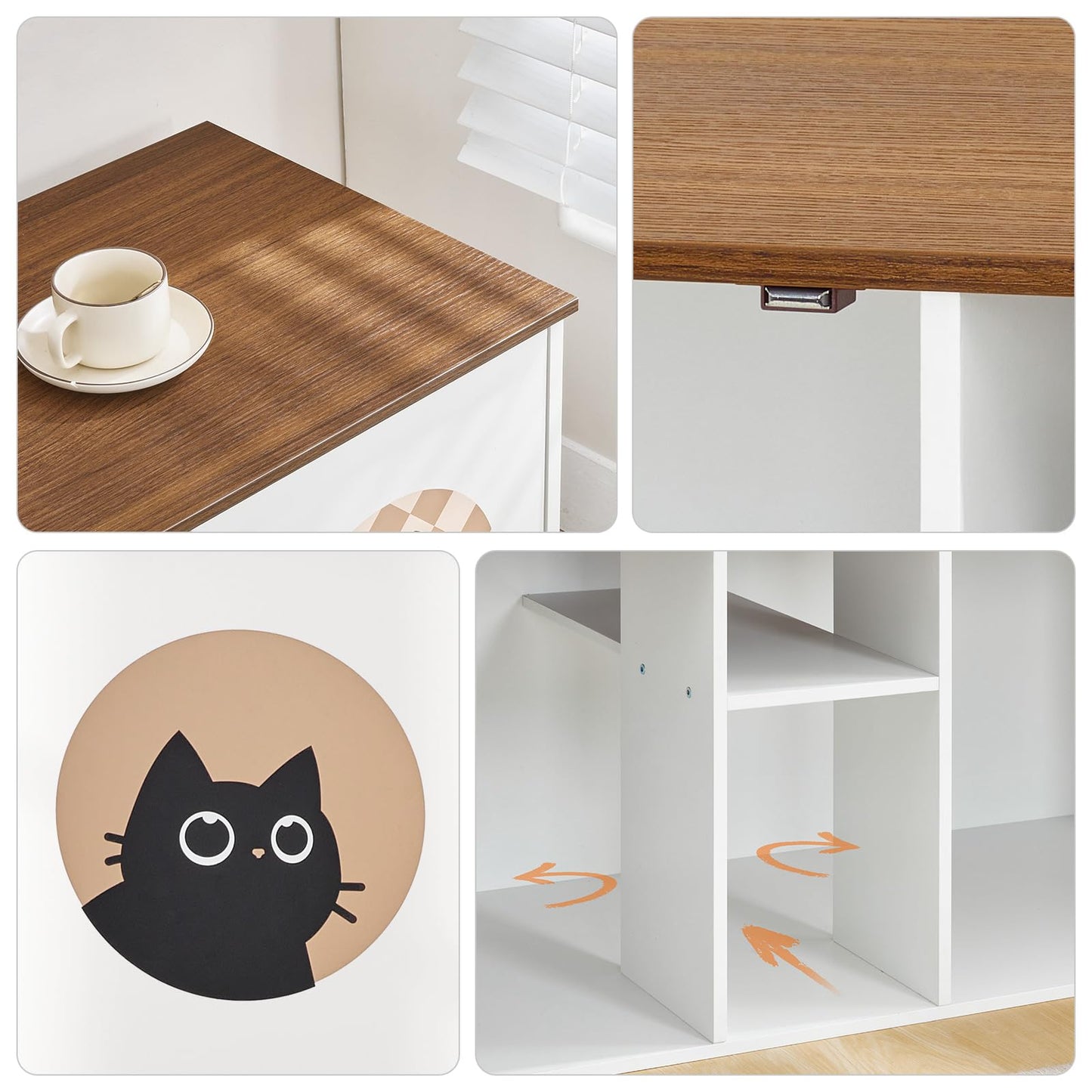 Four panel details of the cat enclosure showing wood grain top, magnetic latches, cat prints, and interior shelf holes.