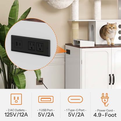 Close-up diagram of the built-in black power strip showing USB ports and AC outlets integrated into the cat furniture.