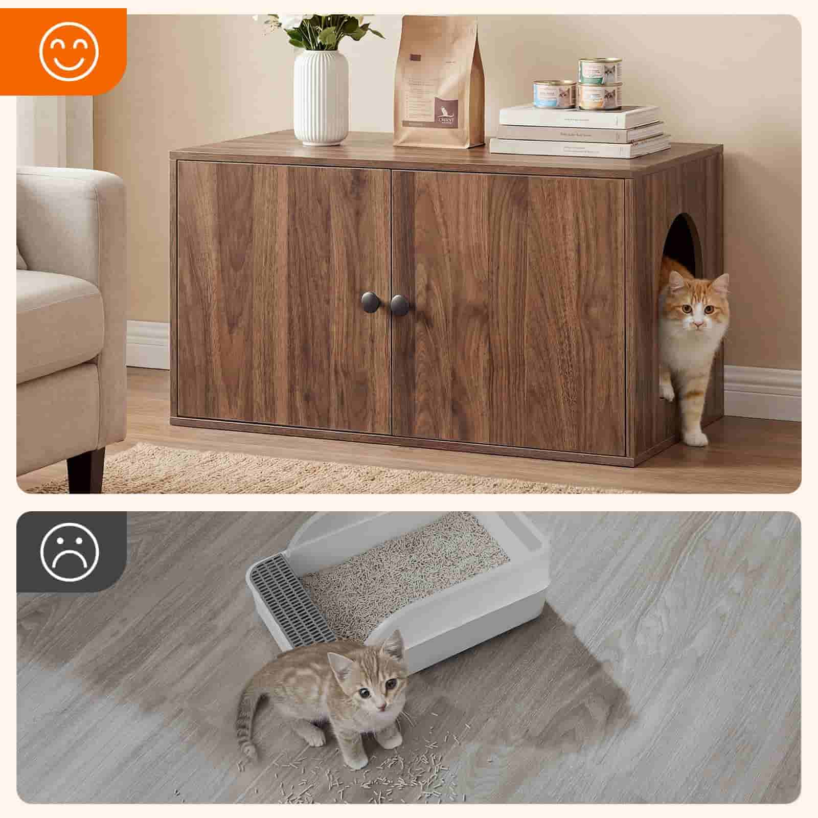 Two-panel image showing the hidden litter box cabinet in a room and a close-up of a kitten on the litter trapping mat.