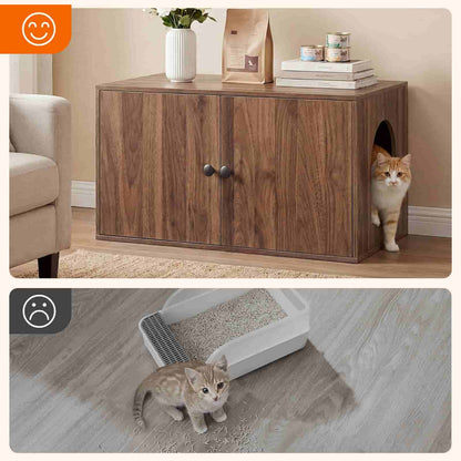 Two-panel image showing the hidden litter box cabinet in a room and a close-up of a kitten on the litter trapping mat.