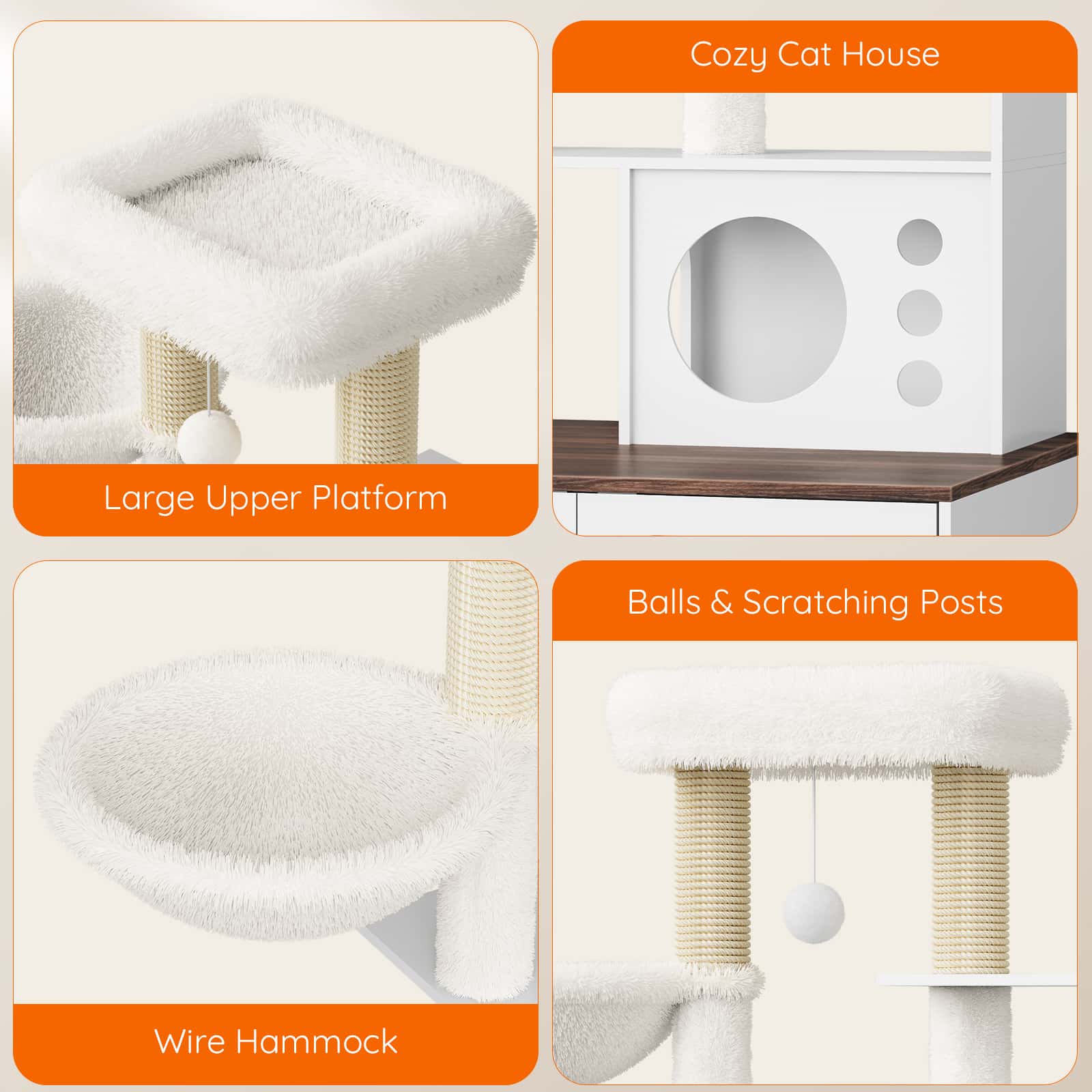Four-panel close-up grid showcasing the top plush perch, spacious cat condo, soft hammock, and sisal scratching posts.