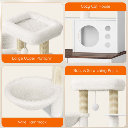 Four-panel close-up grid showcasing the top plush perch, spacious cat condo, soft hammock, and sisal scratching posts.