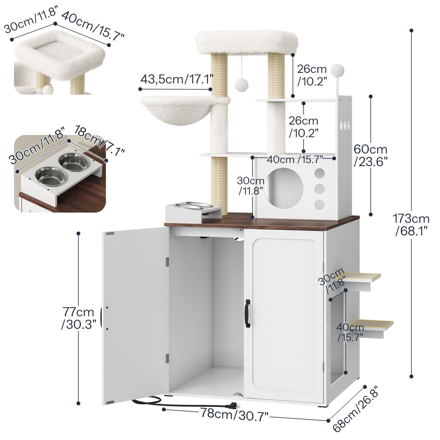 Detailed size dimensions chart for the cat tree litter box enclosure furniture and elevated cat feeding bowls.
