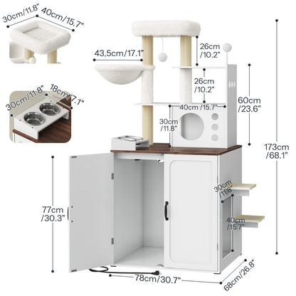 Detailed size dimensions chart for the cat tree litter box enclosure furniture and elevated cat feeding bowls.