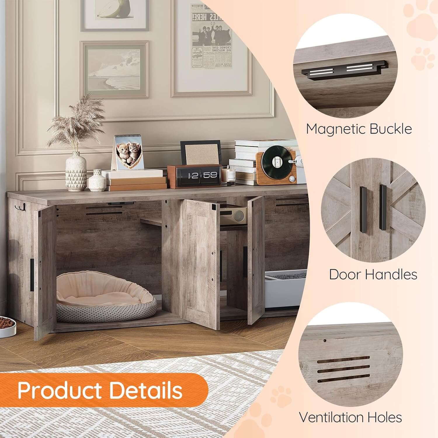 Wooden pet crate with open door, pet bed inside, and product details on a beige background.