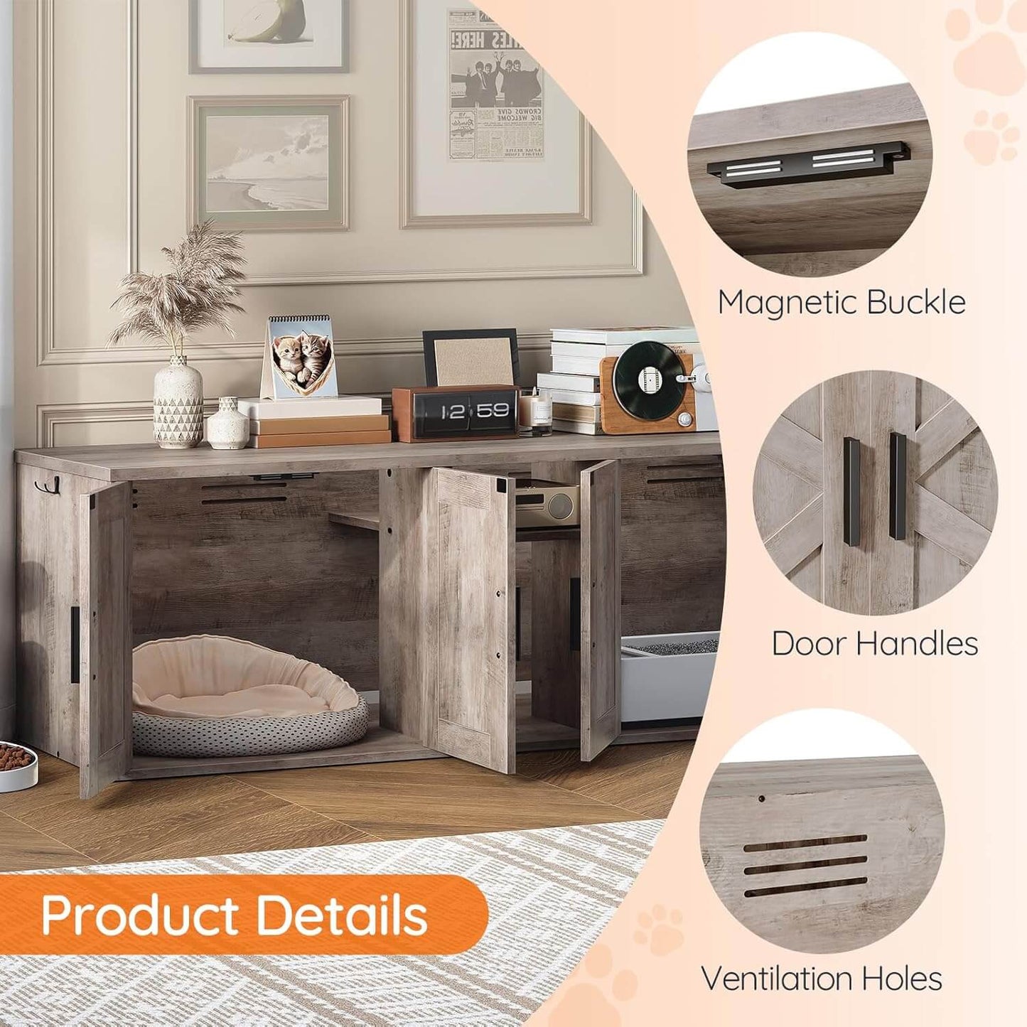 Wooden pet crate with open door, pet bed inside, and product details on a beige background.