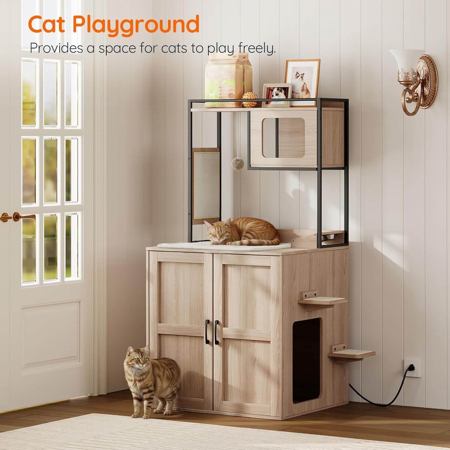 Wooden pet playhouse with a cat sitting on top, labeled 'Cat Playground'.