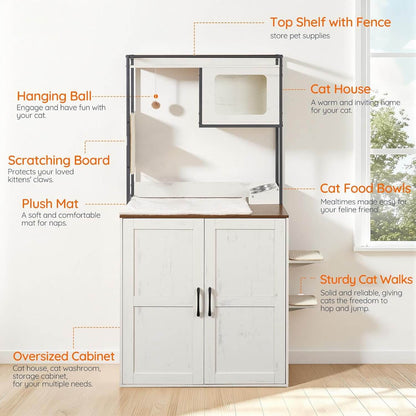 White pet furniture with labeled features in a room setting