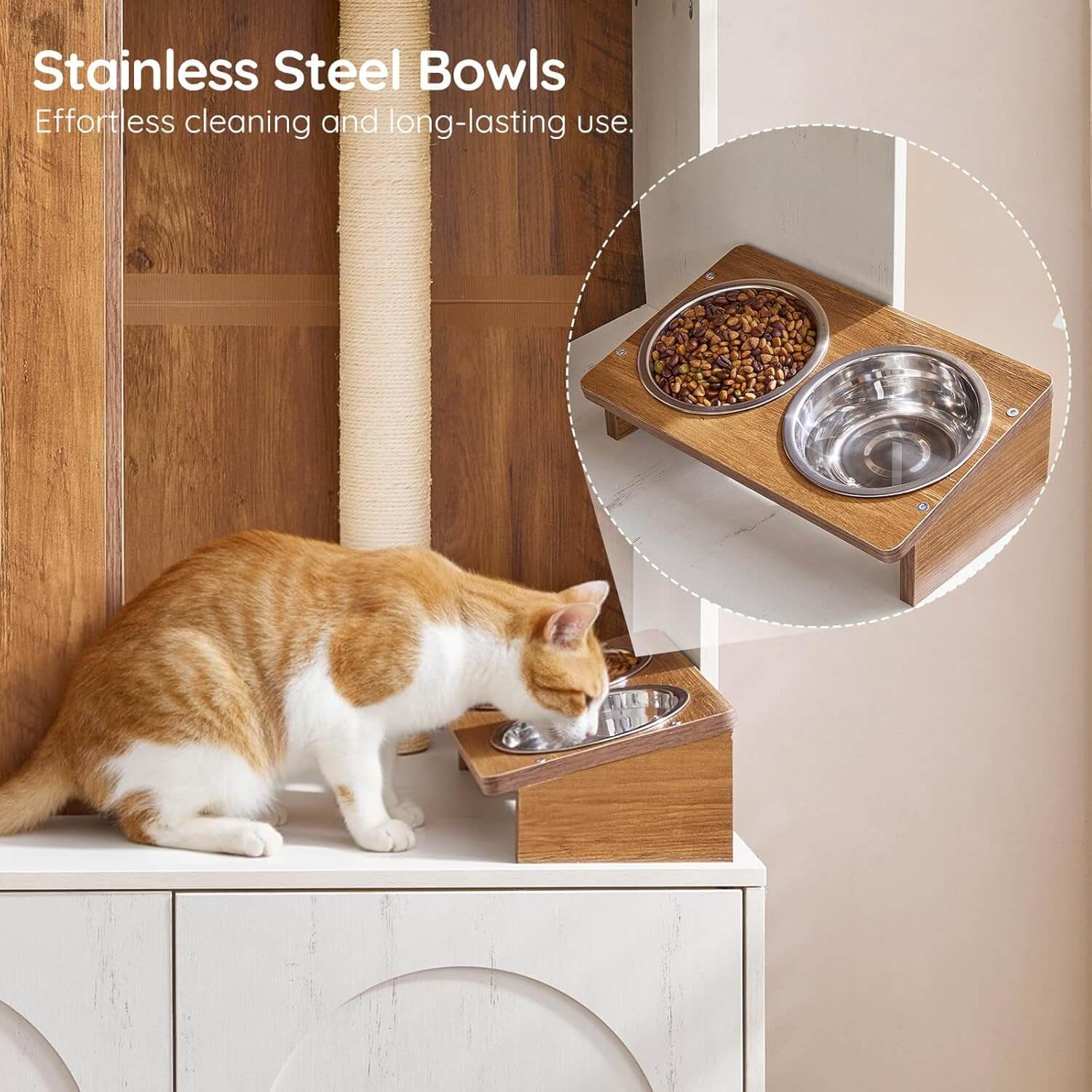 Cat using a wooden pet feeder with stainless steel bowls on a white surface.