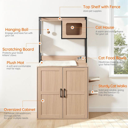 Wooden pet furniture with labeled features in a room setting.