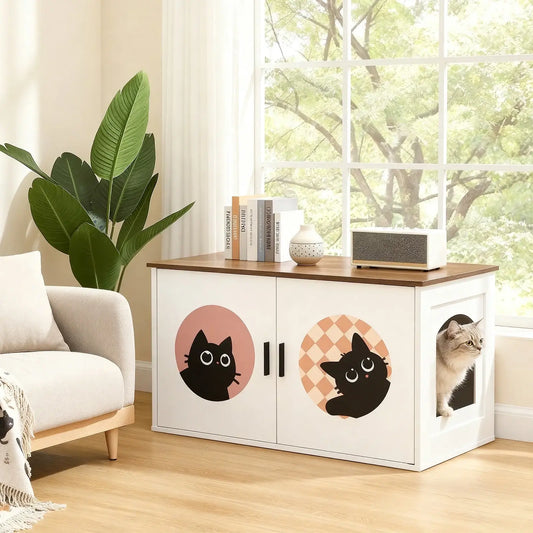 HOOBRO Cat Litter Box Enclosure with Cute Cat Pattern & Arched Entrance