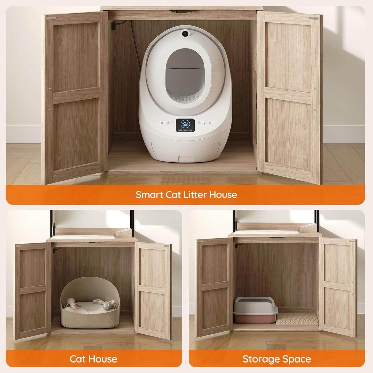 Smart cat litter house with wooden doors, cat house, and storage space features.
