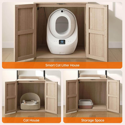 Smart cat litter house with wooden doors, cat house, and storage space features.