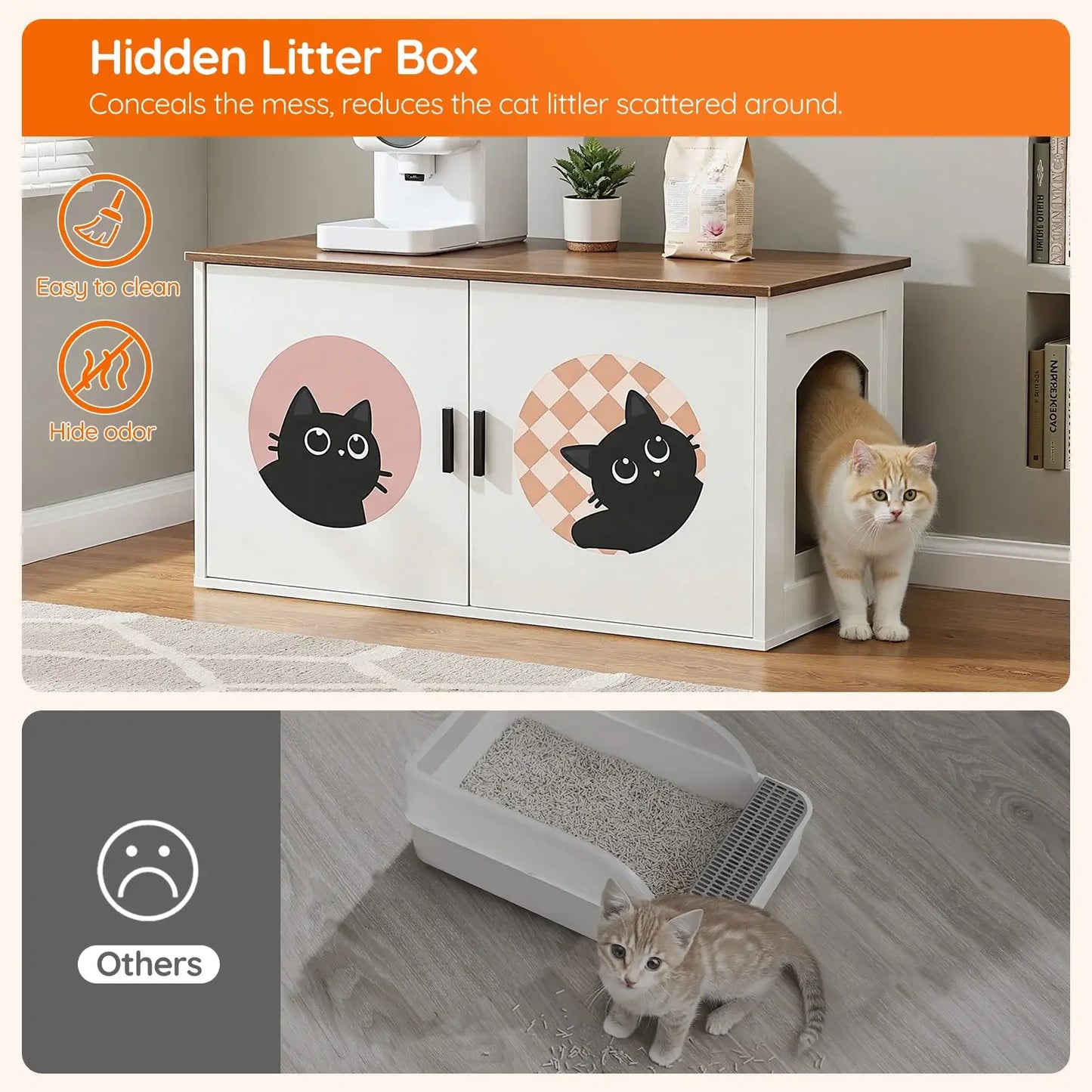 HOOBRO Cat Litter Box Enclosure with Cute Cat Pattern & Arched Entrance