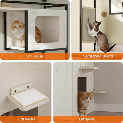 Collage of cat furniture products including a cat house, scratching board, cat walk, and entryway.