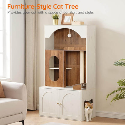 Furniture-style cat tree with a cat peeking out, placed in a room with a couch and plants.