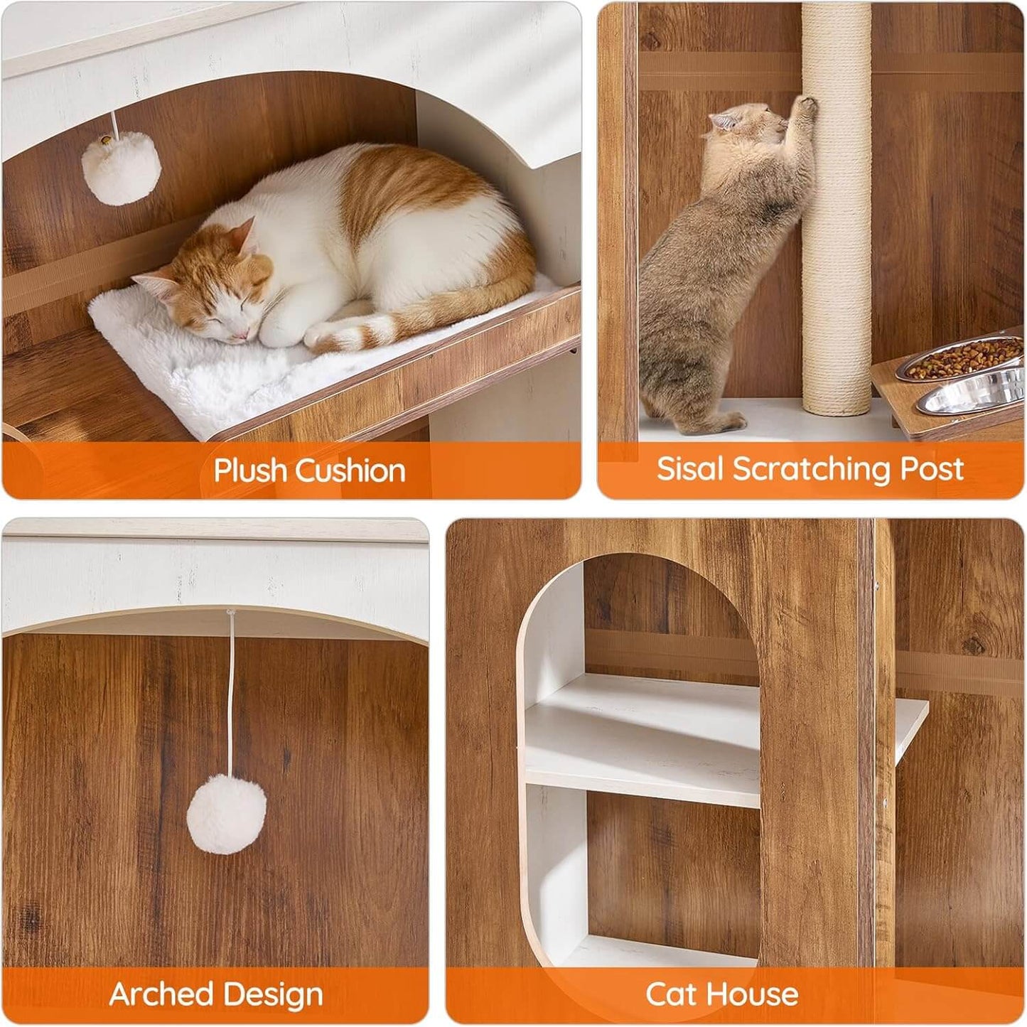 Cat furniture with plush cushion, sisal scratching post, arched design, and cat house.
