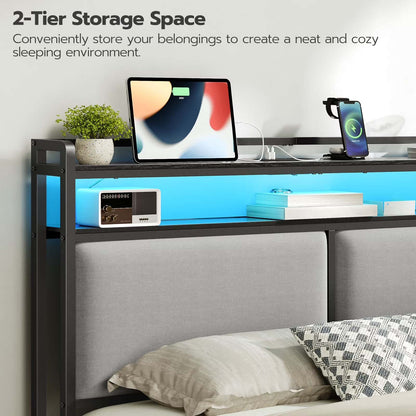 Bed with a 2-tier storage space above, featuring a tablet, phone, and small plant.
