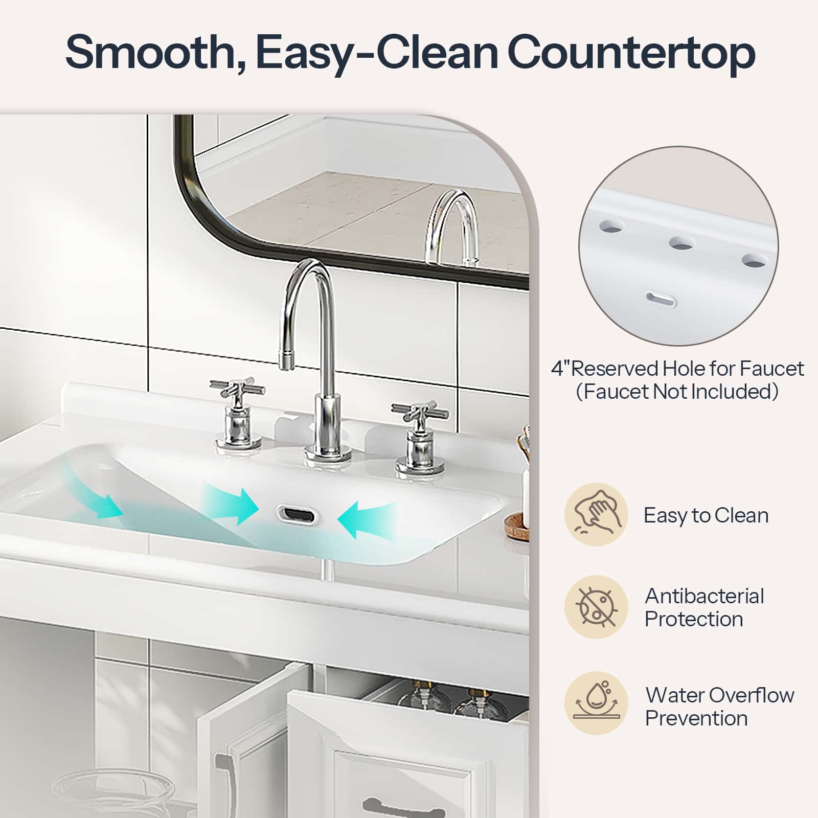 A bathroom sink countertop shown in a clean, modern bathroom setting with a chrome faucet and two cross handles. The image includes marketing text and callouts: 'Smooth, Easy-Clean Countertop,' a circular inset showing the underside of the sink, and feature icons for 'Easy to Clean,' 'Antibacterial Protection,' and 'Water Overflow Prevention.