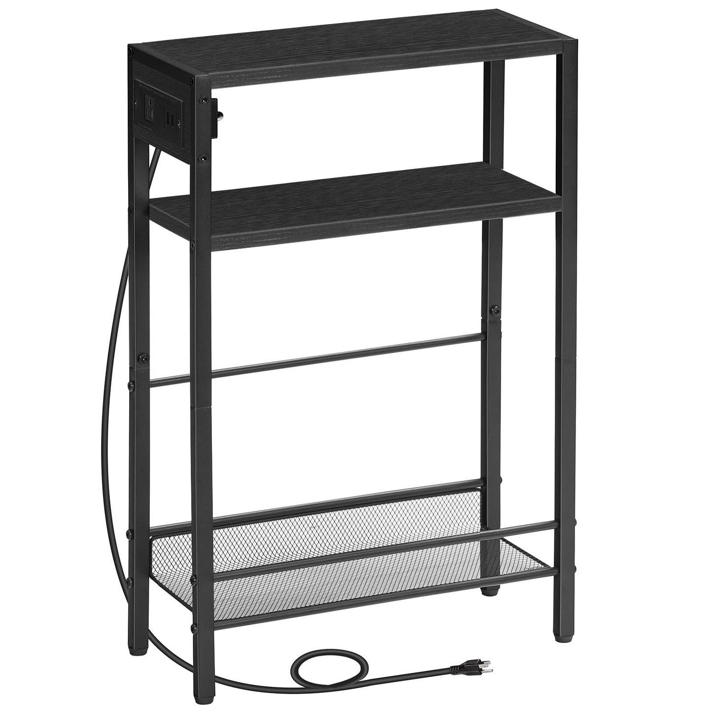 Black metal shelf with power outlet on a white background